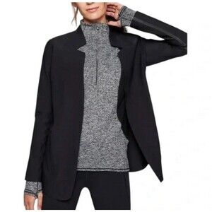 Athleta Black Stellar Blazer Jacket M Open front notch collar zip pockets
